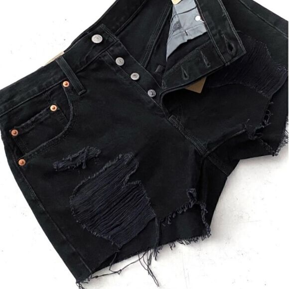 NWT LEVI'S 501 Distressed 5 Pocket High Rise Black Shorts Size 28 - Picture 3 of 10
